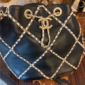 Chanel Black Leather Bag with Gold Chain Detailing
